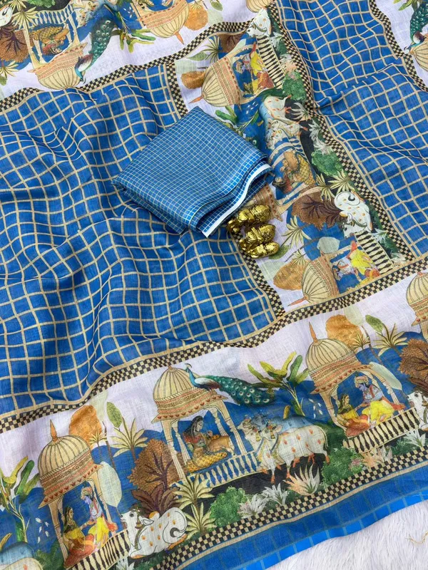 Soft_Linen_Light_Weigth_Chex_and_Doli_border_Saree_with_Blouse