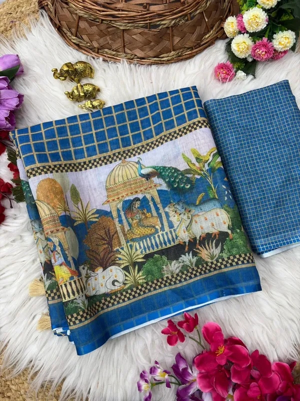 Soft_Linen_Light_Weigth_Chex_and_Doli_border_Saree_with_Blouse