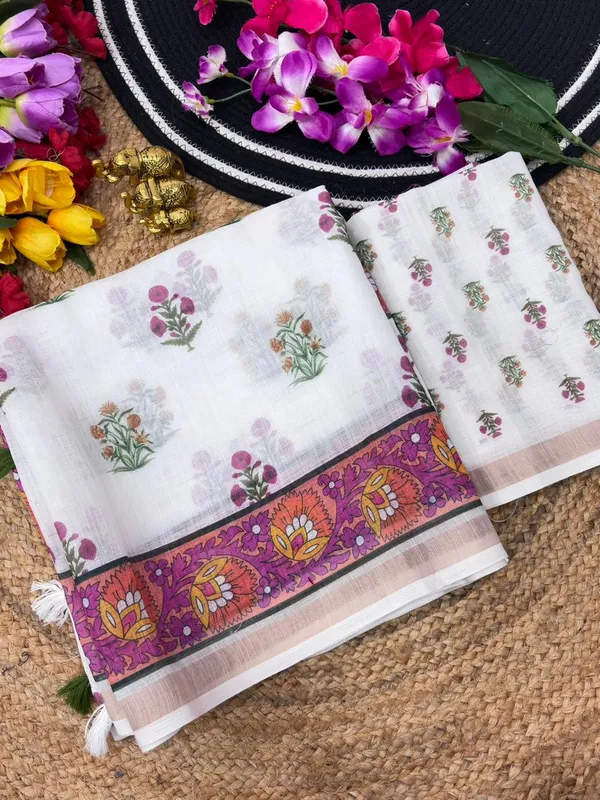 Soft_Linen_Light_Weigth_White_Flower_and_Scenary_Saree_with_Blouse