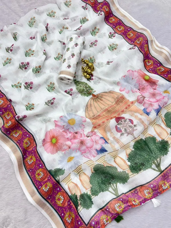 Soft_Linen_Light_Weigth_White_Flower_and_Scenary_Saree_with_Blouse