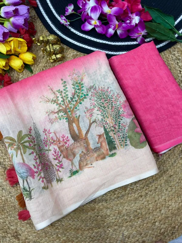 Soft_Linen_Light_Weigth_White_and_Pink_Deer_Printed_Saree_with_Blouse