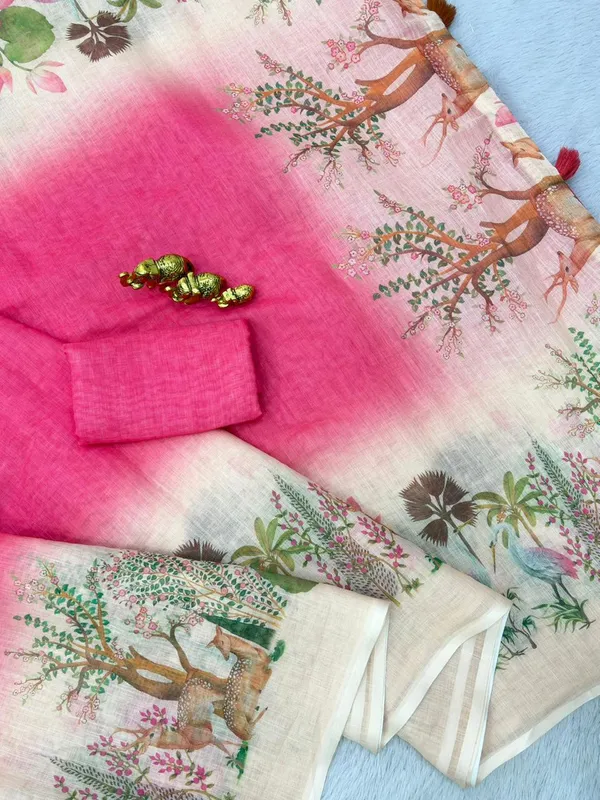 Soft_Linen_Light_Weigth_White_and_Pink_Deer_Printed_Saree_with_Blouse