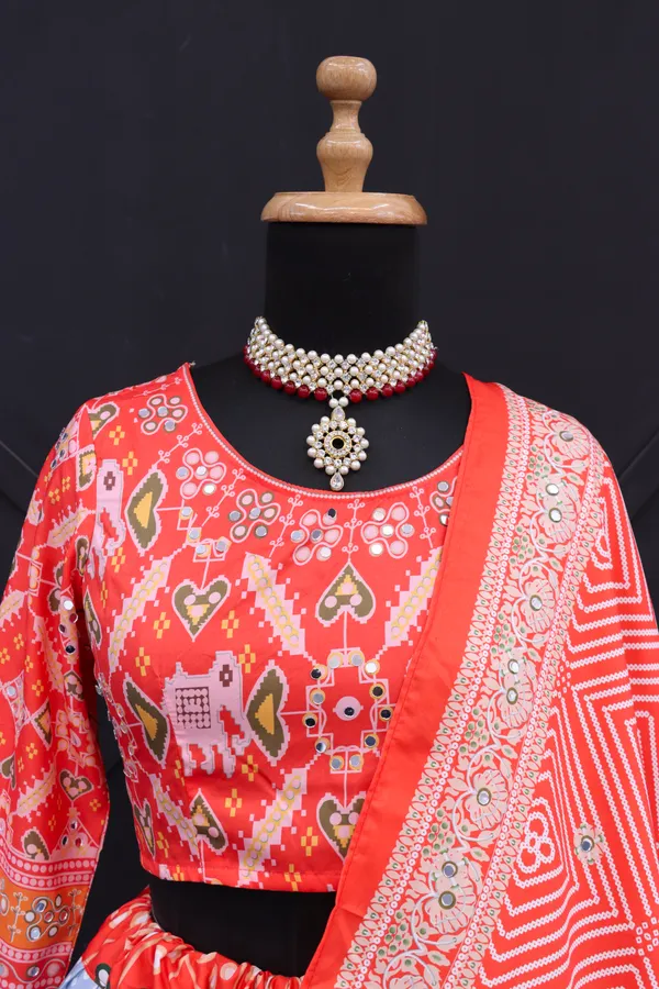 Choli_And_Lehenga_Grey_Red_Butter_Silk_Fabric_Dola_Silk_Lehenga_Choli_With_Mirror_Work_And_Attached_Red_Dupatta