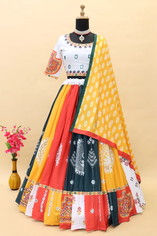 Choli_And_Lehenga_Multi_White_Butter_Silk_Fabric_Dola_Silk_Lehenga_Choli_With_Mirror_Work_And_Attached_Yellow_Dupatta
