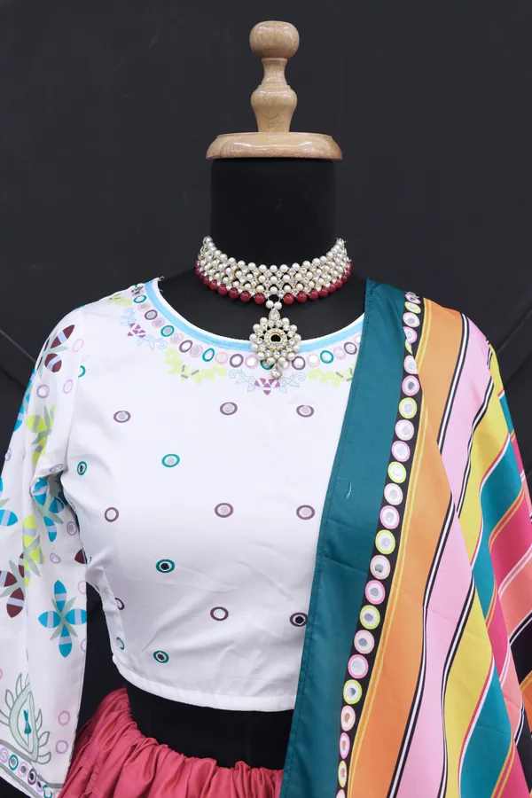 Choli_And_Lehenga_Maroon_White_Butter_Silk_Fabric_Dola_Silk_Lehenga_Choli_With_Mirror_Work_And_Attached_Multi_Dupatta