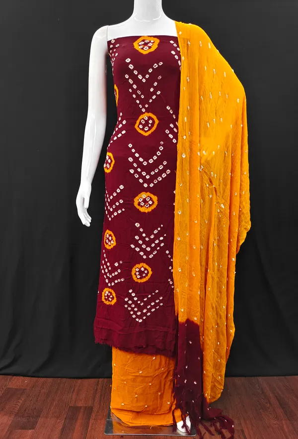 Unstitched_Suit_Dress_Material_|_V_Style_Pure_Rayon_Hand_Bandhej_Bandhani_|_Premium_Unstitched_Suit_Material_For_Her_|_4.25_Meter_Top_&_Bottom_With_2_Meter_Dupatta