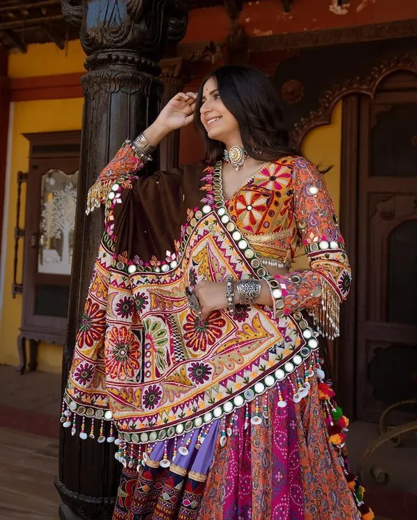 Choli_And_Lehenga_Multi_Mustard_Butter_Silk_Fabric_Dola_Silk_Lehenga_Choli_With_Mirror_Work_And_Attached_Black_Dupatta