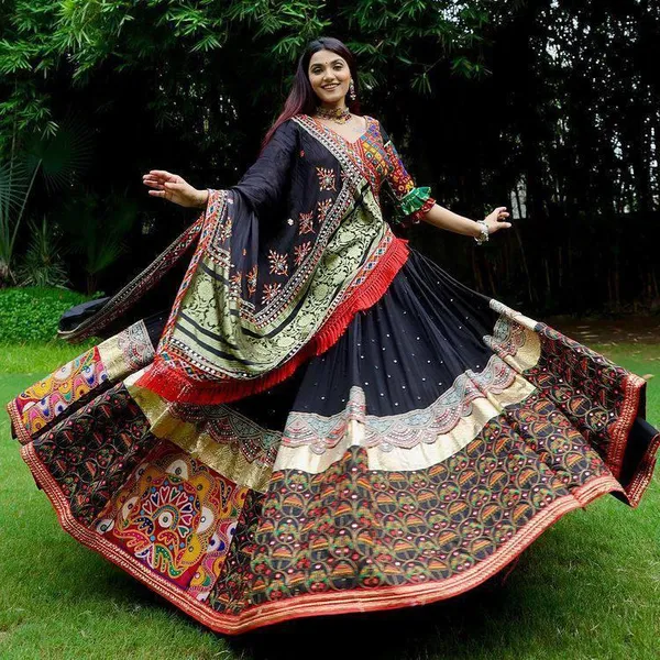 Choli_And_Lehenga_Black_Orange_Butter_Silk_Fabric_Dola_Silk_Lehenga_Choli_With_Mirror_Work_And_Attached_Black_Dupatta