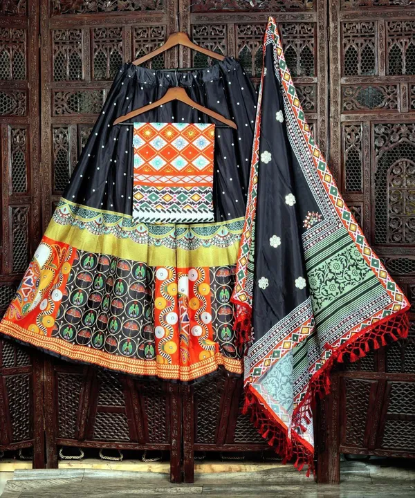 Choli_And_Lehenga_Black_Orange_Butter_Silk_Fabric_Dola_Silk_Lehenga_Choli_With_Mirror_Work_And_Attached_Black_Dupatta