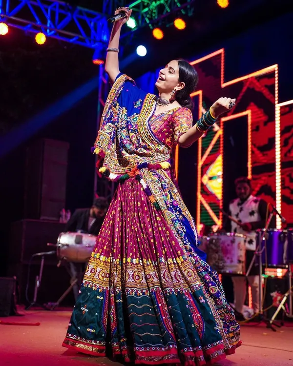 Choli_And_Lehenga_Light_Brown_Butter_Silk_Fabric_Dola_Silk_Lehenga_Choli_With_Mirror_Work_And_Attached_Blue_Dupatta