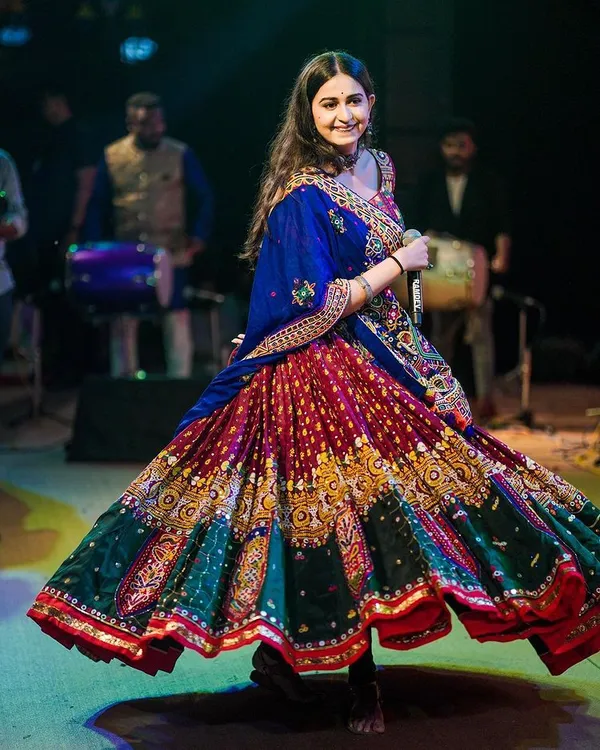 Choli_And_Lehenga_Light_Brown_Butter_Silk_Fabric_Dola_Silk_Lehenga_Choli_With_Mirror_Work_And_Attached_Blue_Dupatta