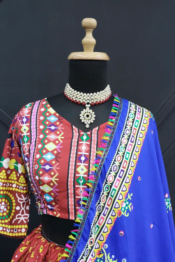 Choli_And_Lehenga_Light_Brown_Butter_Silk_Fabric_Dola_Silk_Lehenga_Choli_With_Mirror_Work_And_Attached_Blue_Dupatta