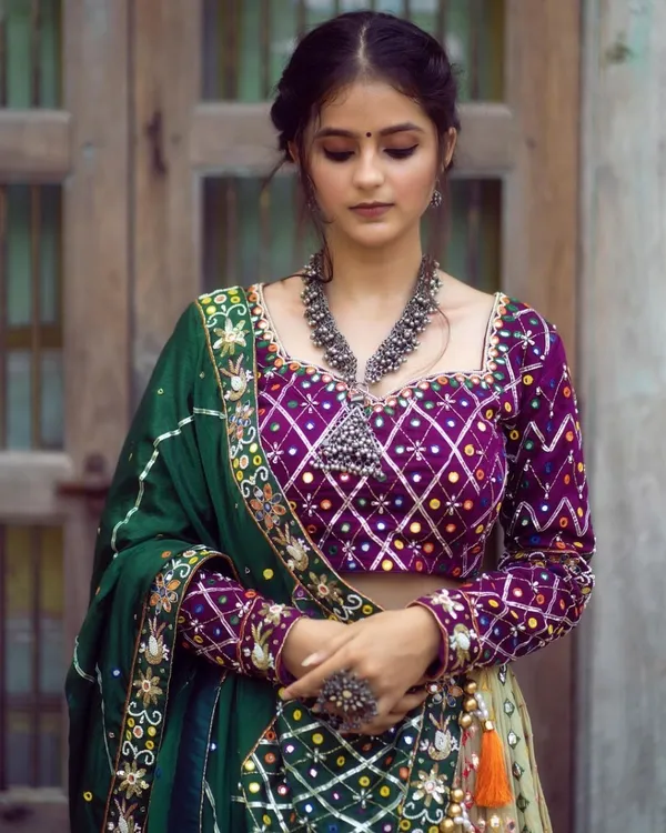 Choli_And_Lehenga_Cream_Purple_Butter_Silk_Fabric_Dola_Silk_Lehenga_Choli_With_Mirror_Work_And_Attached_Green_Dupatta