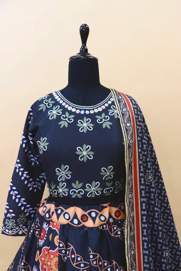 Black_Unstitched_Choli_And_Stitched_Lehenga_Lehenga_Choli_With_Mirror_Work_And_Attached_Black_Dupatta_For_Women