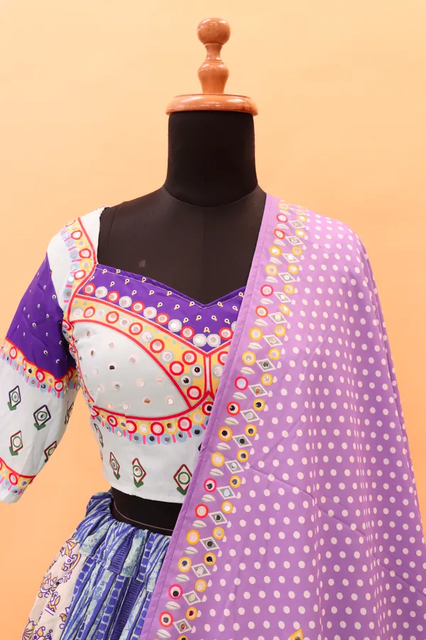 Choli_And_Lehenga_White_Butter_Silk_Fabric_Dola_Silk_Lehenga_Choli_With_Mirror_Work_And_Attached_Light_Purple_Dupatta
