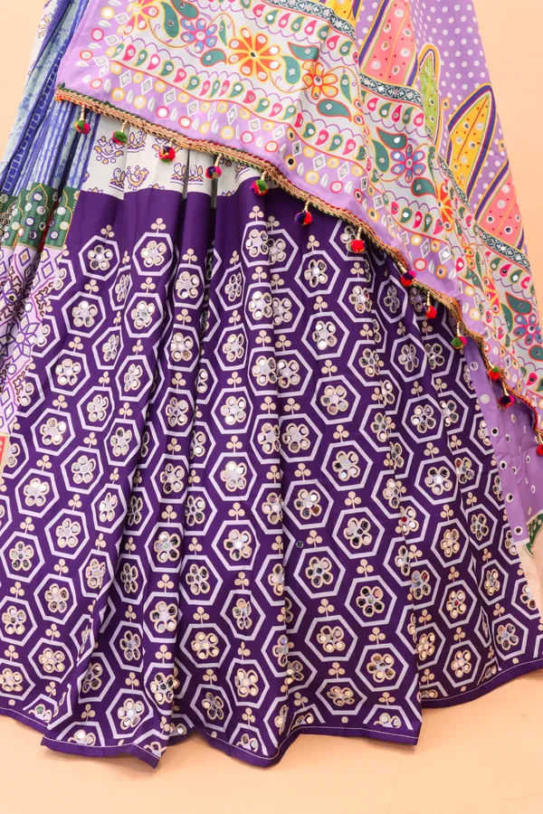 Choli_And_Lehenga_White_Butter_Silk_Fabric_Dola_Silk_Lehenga_Choli_With_Mirror_Work_And_Attached_Light_Purple_Dupatta