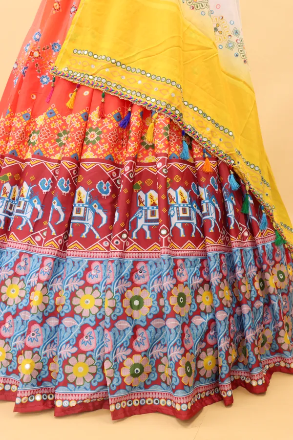 Choli_And_Lehenga_Peach_Butter_Silk_Fabric_Dola_Silk_Lehenga_Choli_With_Mirror_Work_And_Attached_White_Dupatta