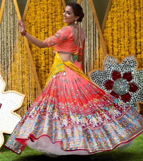 Choli_And_Lehenga_Peach_Butter_Silk_Fabric_Dola_Silk_Lehenga_Choli_With_Mirror_Work_And_Attached_White_Dupatta