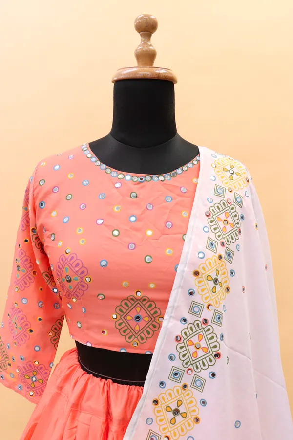 Choli_And_Lehenga_Peach_Butter_Silk_Fabric_Dola_Silk_Lehenga_Choli_With_Mirror_Work_And_Attached_White_Dupatta