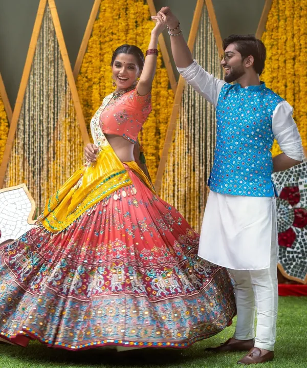 Choli_And_Lehenga_Peach_Butter_Silk_Fabric_Dola_Silk_Lehenga_Choli_With_Mirror_Work_And_Attached_White_Dupatta