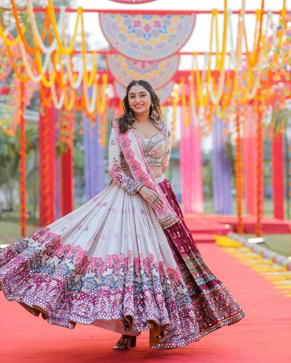 Choli_And_Lehenga_White_Butter_Silk_Fabric_Dola_Silk_Lehenga_Choli_With_Mirror_Work_And_Attached_White_Dupatta