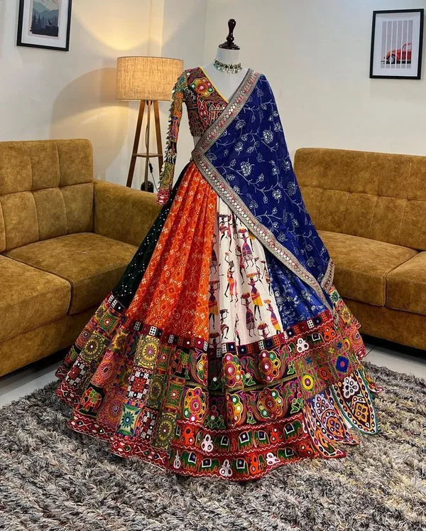 Choli_And_Lehenga_Blue_Black_Butter_Silk_Fabric_Dola_Silk_Lehenga_Choli_With_Mirror_Work_And_Attached_Blue_Dupatta