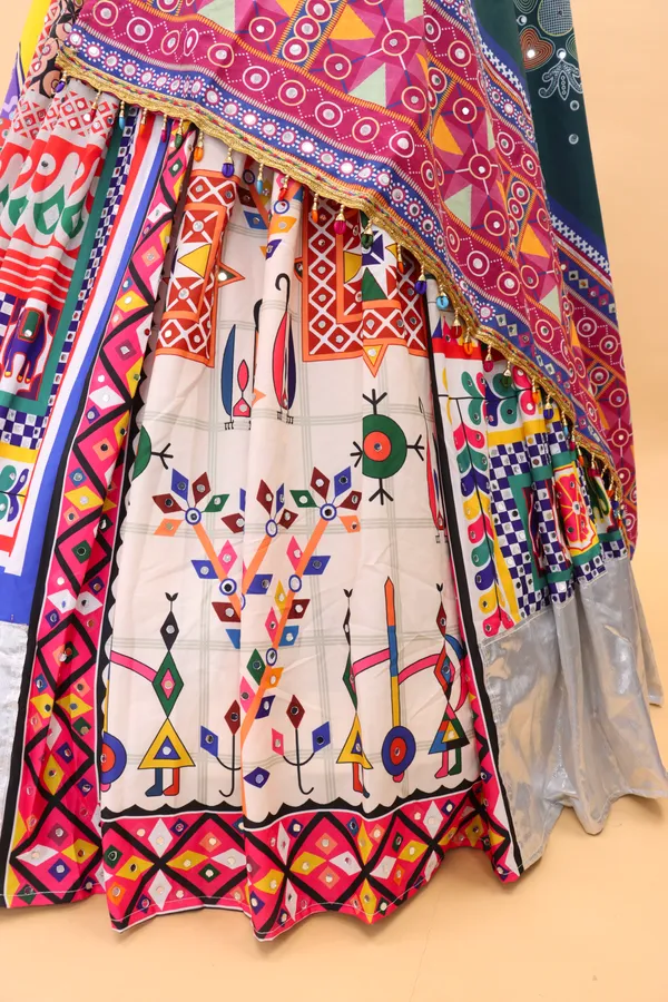 Choli_And_Lehenga_Multi_Butter_Silk_Fabric_Dola_Silk_Lehenga_Choli_With_Mirror_Work_And_Attached_Red_Dupatta