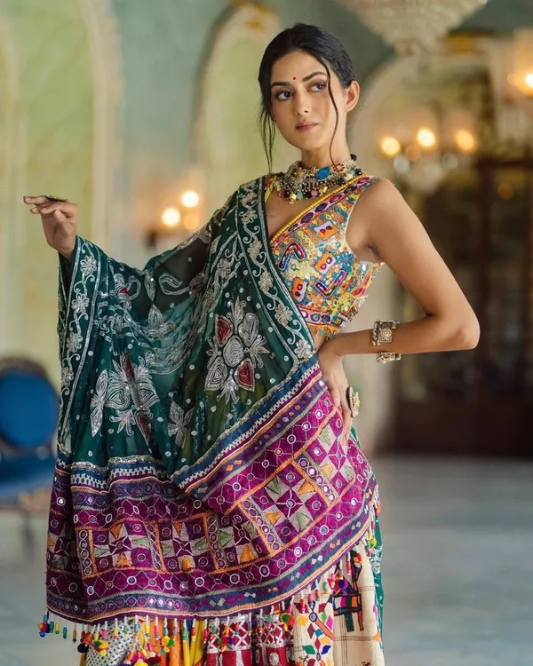 Choli_And_Lehenga_Multi_Butter_Silk_Fabric_Dola_Silk_Lehenga_Choli_With_Mirror_Work_And_Attached_Red_Dupatta