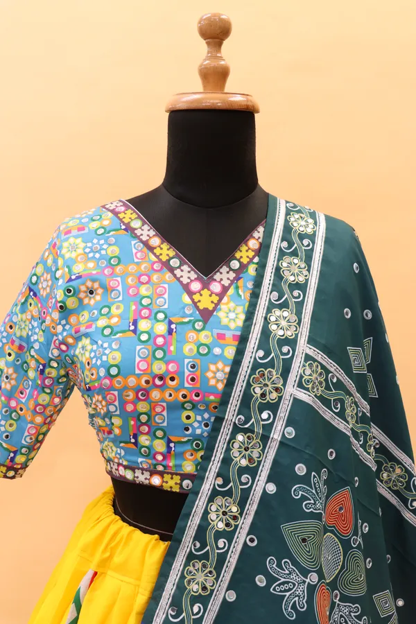 Choli_And_Lehenga_Multi_Butter_Silk_Fabric_Dola_Silk_Lehenga_Choli_With_Mirror_Work_And_Attached_Red_Dupatta