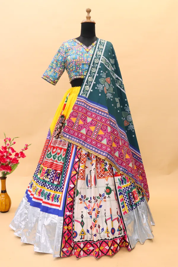 Choli_And_Lehenga_Multi_Butter_Silk_Fabric_Dola_Silk_Lehenga_Choli_With_Mirror_Work_And_Attached_Red_Dupatta