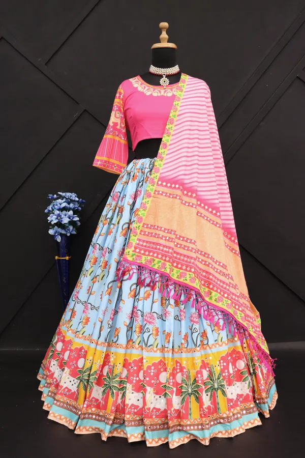 Choli_And_Lehenga_Sky_Pink_Butter_Silk_Fabric_Dola_Silk_Lehenga_Choli_With_Mirror_Work_And_Attached_Pink_Dupatta