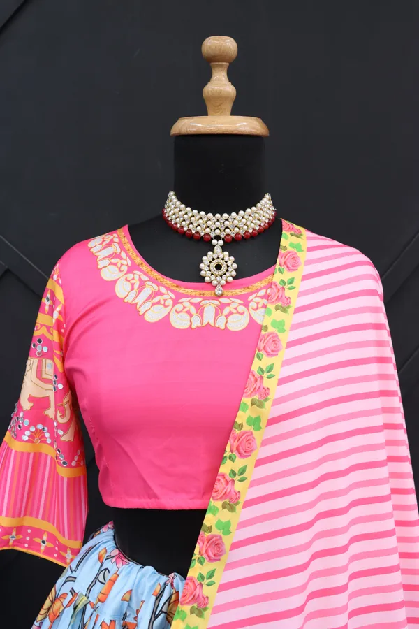Choli_And_Lehenga_Sky_Pink_Butter_Silk_Fabric_Dola_Silk_Lehenga_Choli_With_Mirror_Work_And_Attached_Pink_Dupatta