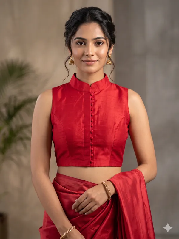 Channeling_royal_vibes_in_a_classic_high-neck_Blouse_silhouette_and_rich_crimson_tones