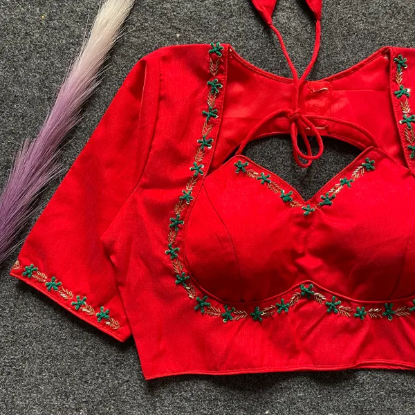 EVALUTE_HALTER_NECK_HEAVY_RAW_SILK_HANDCRAFTED_WORK_FROM__FRONT_AND_BACK_OF_THE_BLOUSE