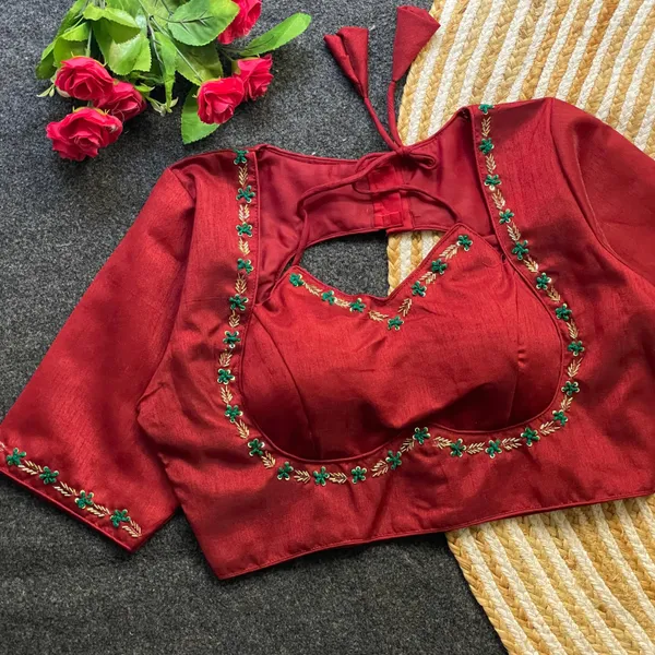 EVALUTE_HALTER_NECK_HEAVY_RAW_SILK_HANDCRAFTED_WORK_FROM__FRONT_AND_BACK_OF_THE_BLOUSE