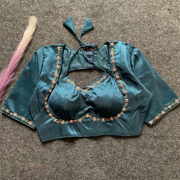 EVALUTE_HALTER_NECK_HEAVY_RAW_SILK_HANDCRAFTED_WORK_FROM__FRONT_AND_BACK_OF_THE_BLOUSE