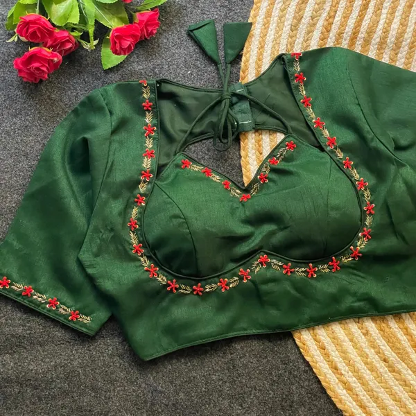 EVALUTE_HALTER_NECK_HEAVY_RAW_SILK_HANDCRAFTED_WORK_FROM__FRONT_AND_BACK_OF_THE_BLOUSE