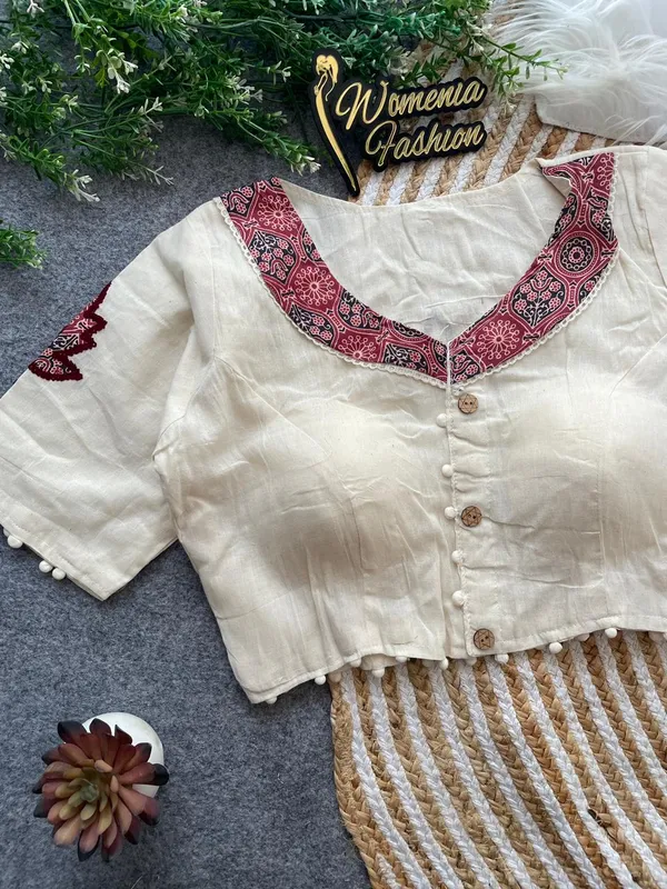 Pure_Khadi_Cotton_Blouse_with_Ajrak_Patch_appliqué_Work