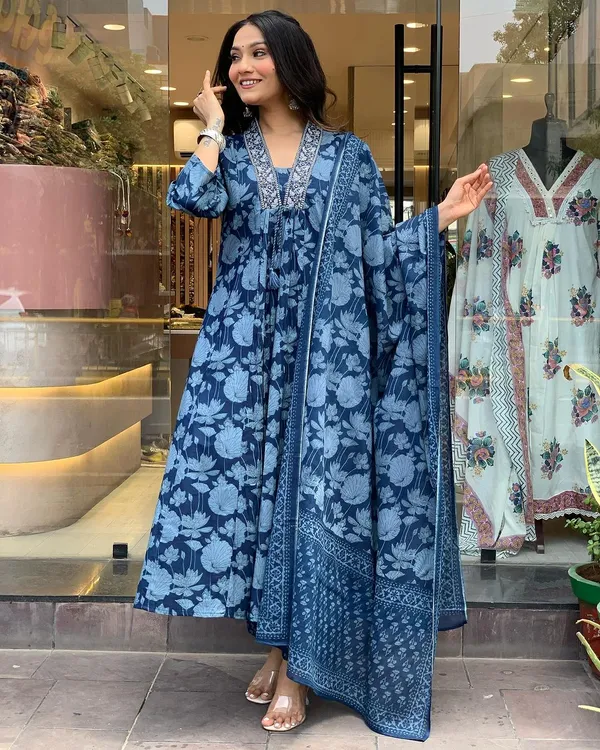 Blue_Premium_Pure_Cotton_Kurti_Pant_Dupatta_Set_For_Women