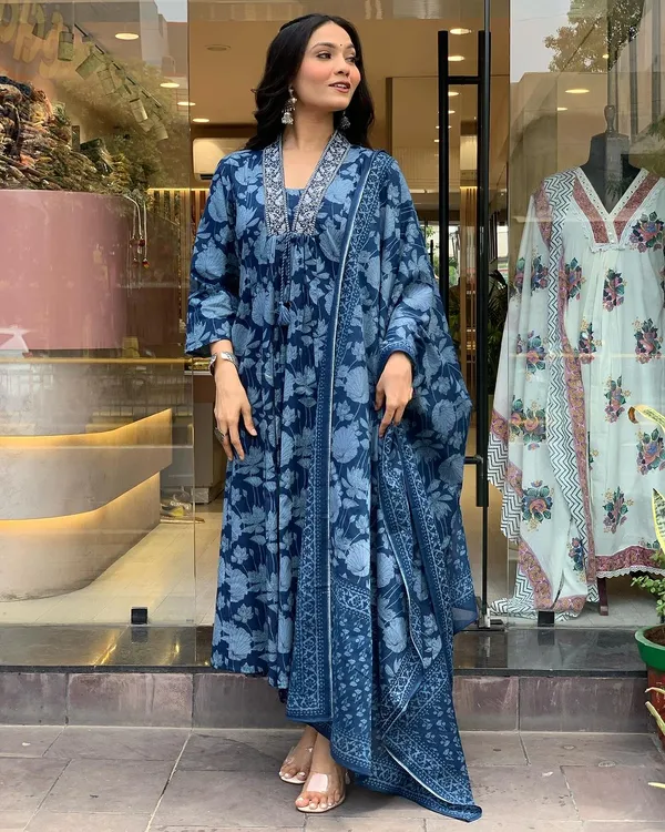 Blue_Premium_Pure_Cotton_Kurti_Pant_Dupatta_Set_For_Women