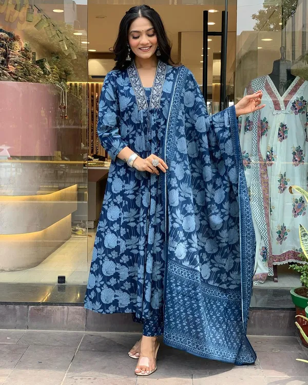 Blue_Premium_Pure_Cotton_Kurti_Pant_Dupatta_Set_For_Women