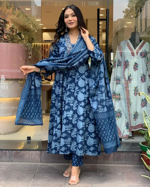 Blue_Premium_Pure_Cotton_Kurti_Pant_Dupatta_Set_For_Women