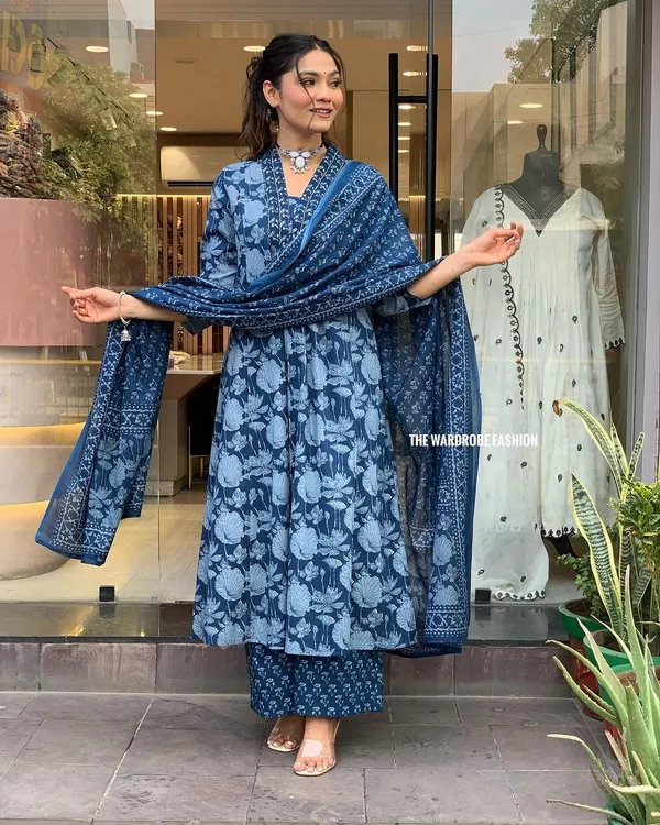 Blue_Premium_Pure_Cotton_Kurti_Pant_Dupatta_Set_For_Women