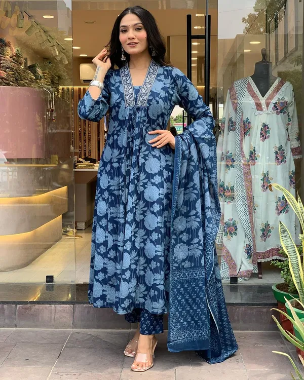 Blue_Premium_Pure_Cotton_Kurti_Pant_Dupatta_Set_For_Women