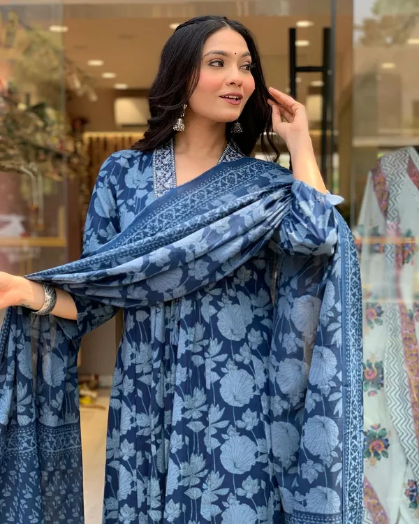 Blue_Premium_Pure_Cotton_Kurti_Pant_Dupatta_Set_For_Women