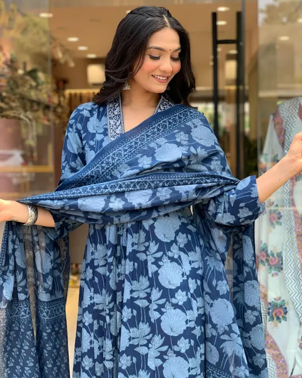 Blue_Premium_Pure_Cotton_Kurti_Pant_Dupatta_Set_For_Women