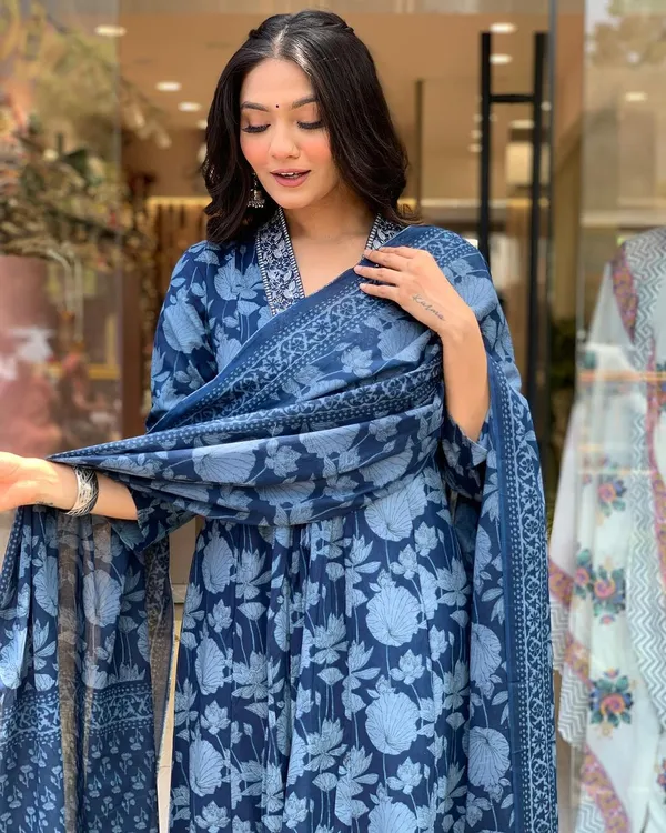 Blue_Premium_Pure_Cotton_Kurti_Pant_Dupatta_Set_For_Women