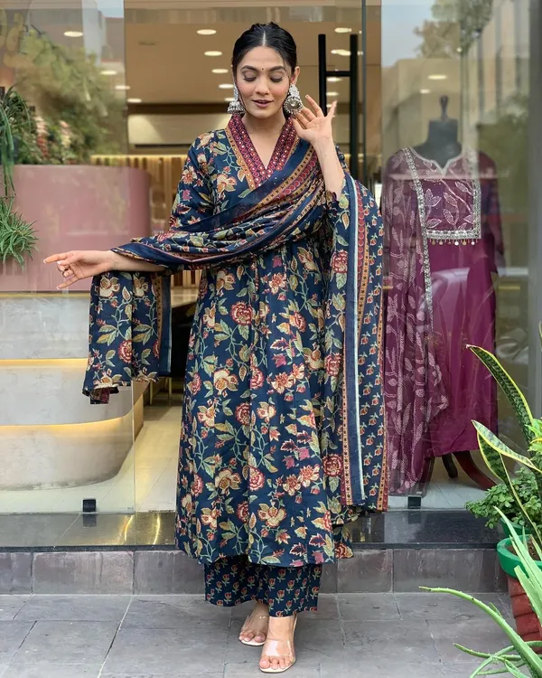 Blue_Pure_Cotton_Kurti_Pant_Dupatta_Set_For_Women