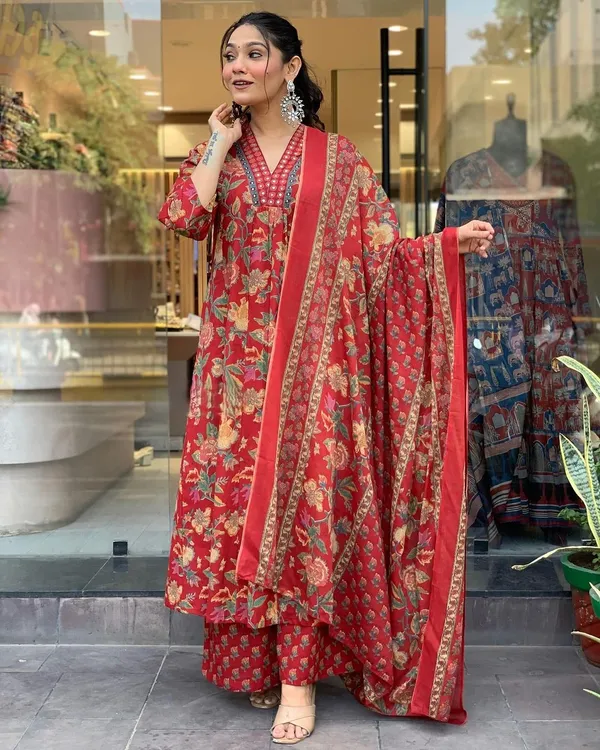 Red_Pure_Cotton_Kurti_Pant_Dupatta_Set_For_Women