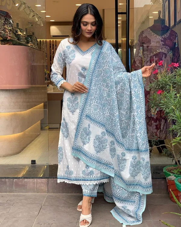 White_Pure_Cotton_Kurti_Pant_Dupatta_Set_For_Women